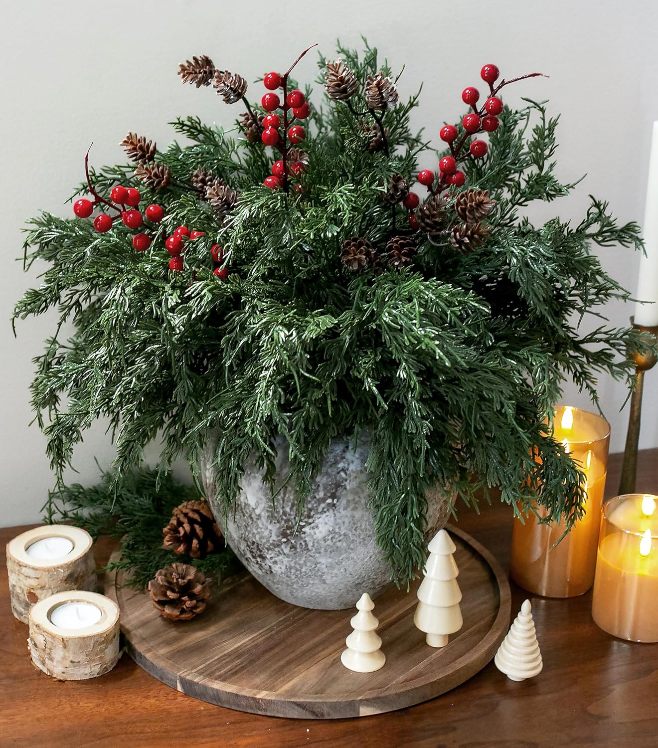 Skiennix Faux Cedar Stems - 17 PCS Artificial Norfolk Pine Branches with Pinecones & Red Berries for Christmas Decor