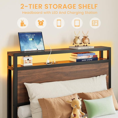 LIKIMIO Walnut Twin XL Bed Frame with DIY Storage Drawers & LED Headboard