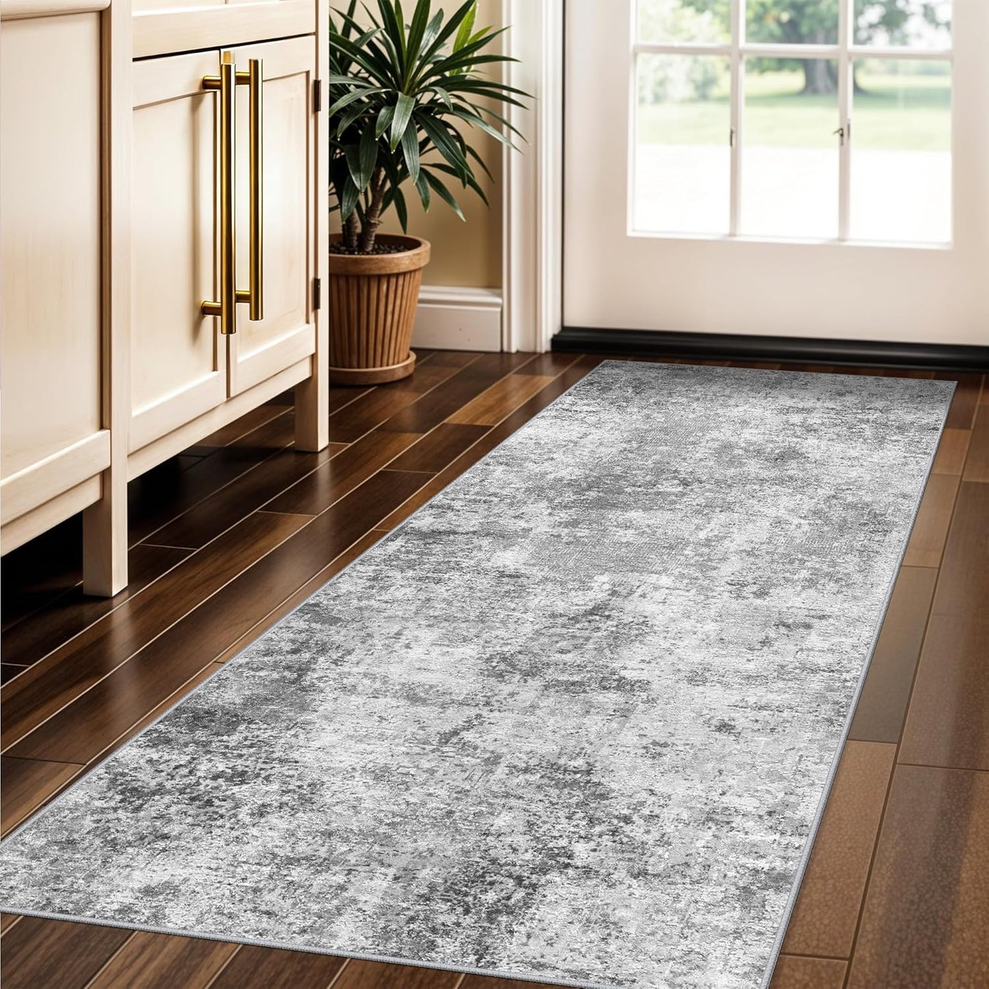 Regine Switzerland Washable Hallway Runner Rug - Abstract Stain Resistant Design | Ultra Soft 2x5 Grey Carpet