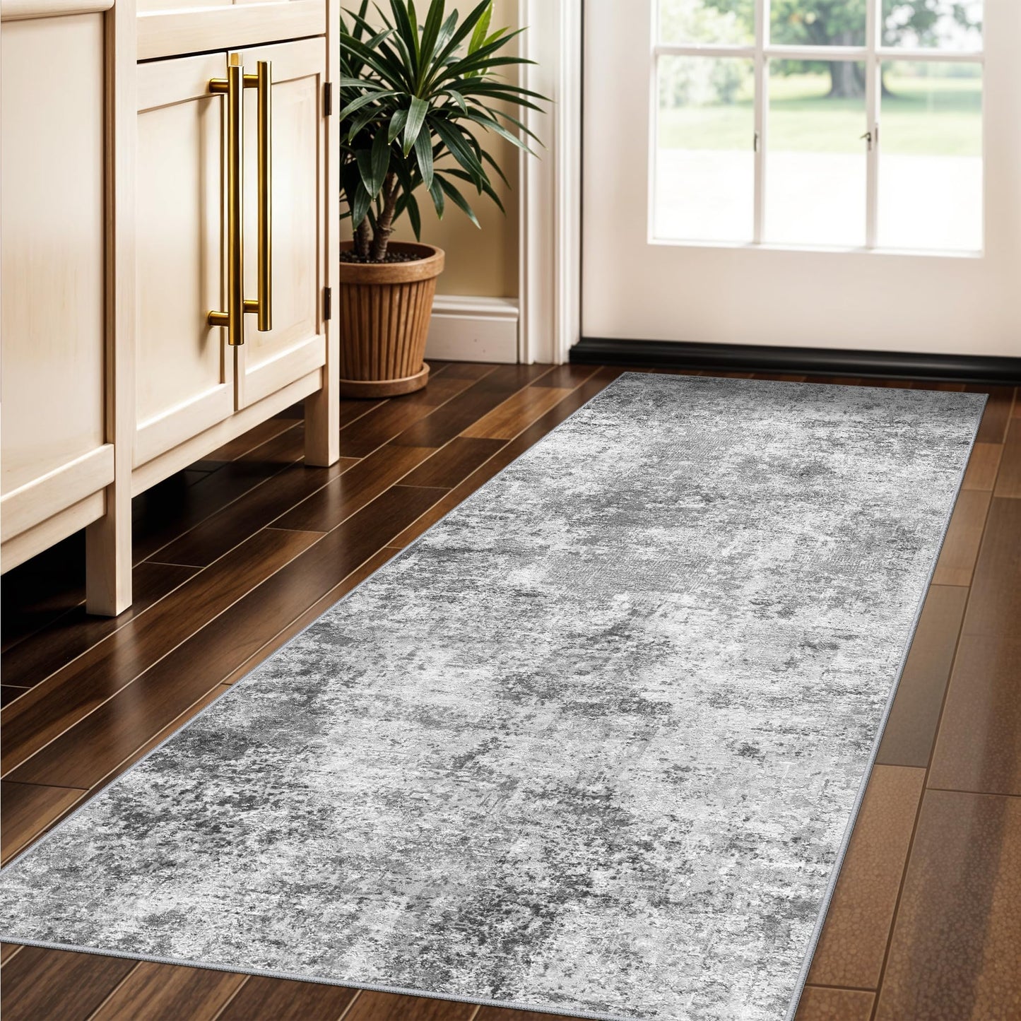 Washable 2x5 Hallway Runner Rug: Abstract Stain Resistant Kitchen Rug Ultra Soft Living Room Bedroom Entryway Carpet with Non-Slip Backing Indoor Low Pile Floor Mat for Bathroom Dining Room (2x5,Grey)