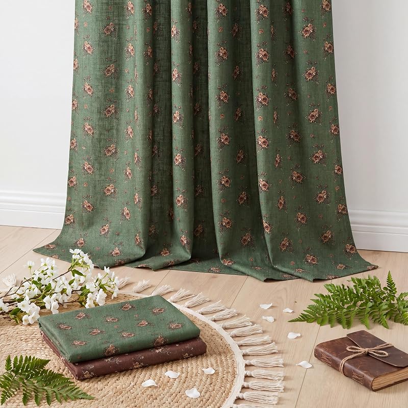 StangH Vintage Green Floral Linen Curtains 84-Inch Long, 2 Panels – Rose on Green Variation