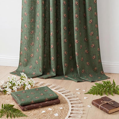 StangH Vintage Green Floral Linen Curtains 84-Inch Long, 2 Panels – Rose on Green Variation