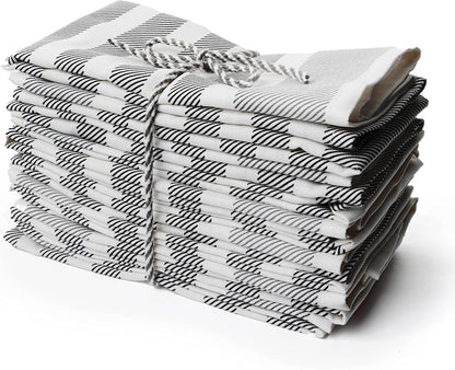 PERLLI Cotton Cloth Napkins - 12 Pack 18x18 Inches | Washable Black, Gray & White Stripes for Elegant Table Settings