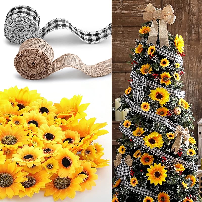 Sunflower Christmas Tree Decoration Kit - 62 Pcs with Ribbons, 4 Sizes