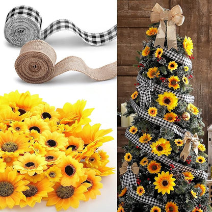 Sunflower Christmas Tree Decoration Kit - 62 Pcs with Ribbons, 4 Sizes