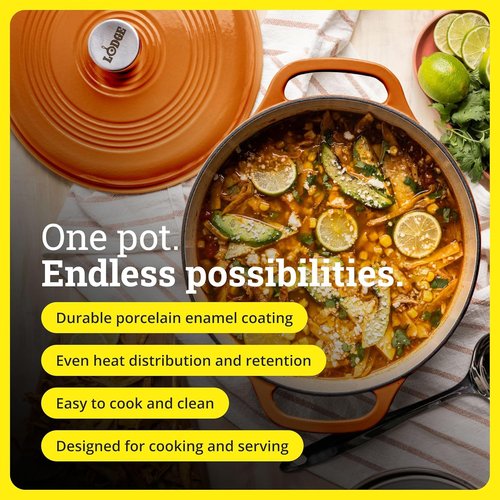 Lodge Essential Enamel Cast Iron Dutch Oven - 6 Quart Moisture-Sealing Lid & Dual Handles - Apricot