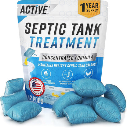Septic Tank System Treatment Pods - Eco-Friendly Enzyme-Infused Bacteria Solution | 12 Dissolving Packets for 1 Year Supply | Prevent Clogs, Odor & Backups | Made in USA