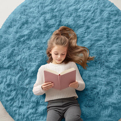 OLANLY Slate Blue Round Rugs for Bedroom - Machine Washable, 2 ft Circle Area Rugs for Living Room, Soft and Fluffy Shaggy Carpet for Teen Girl and Boys, Nursery Rooms, Dorms, Home Decor Aesthetic
