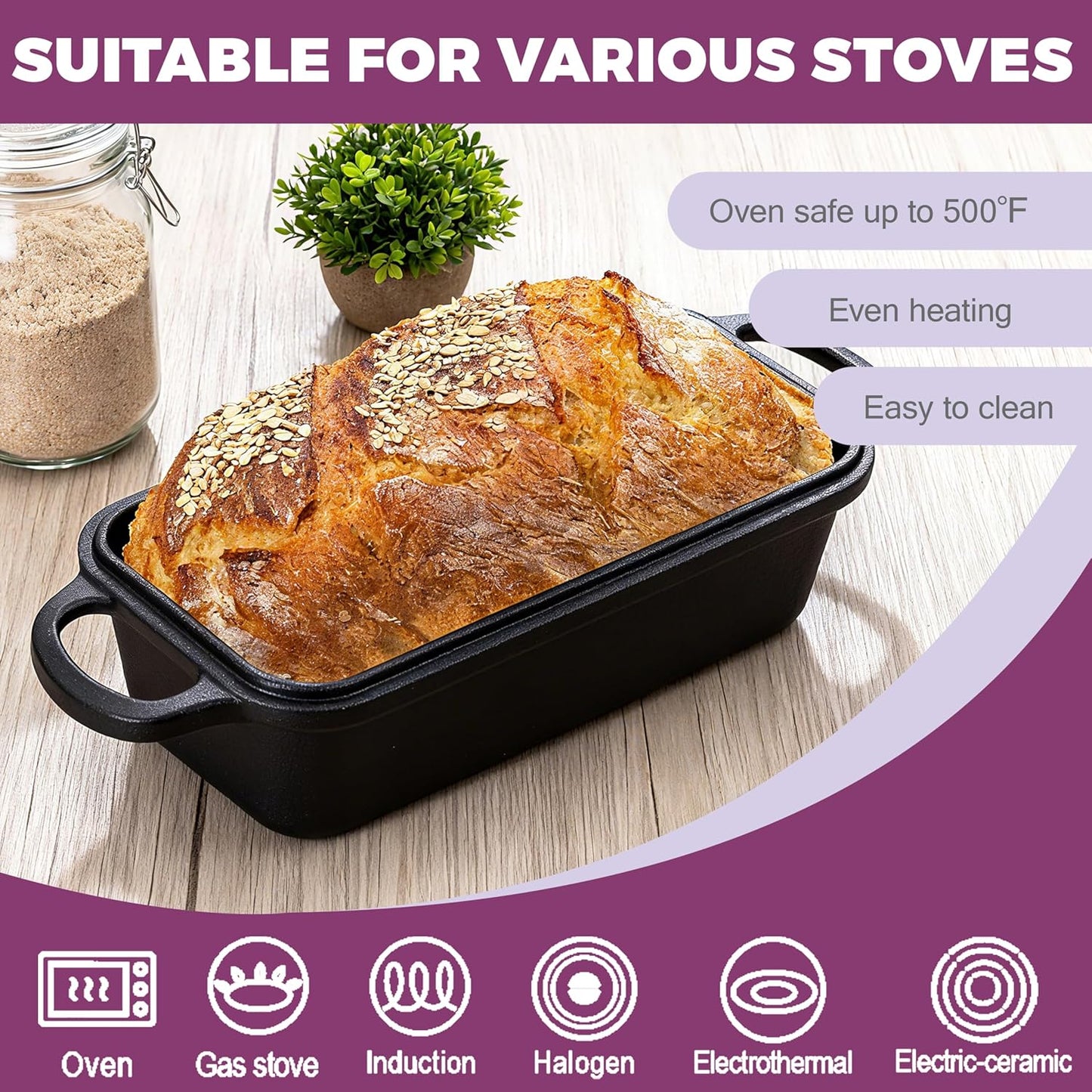 Skiennix Cast Iron Loaf Pan - 11x5 Inch with Lid for Perfect Sourdough Baking | 5.8Qt Capacity