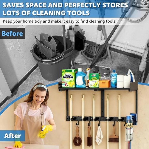 HUFAND Broom Holder Wall Mount - Heavy Duty Mop Organizer with Top Shelf & Vacuum Hook | 27" Black Utility Rack for Laundry, Garage, Kitchen, Garden