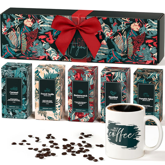 Skiennix Coffee Gift Set - 5 Gourmet Ground Coffee Flavors with Mug | Unique Christmas Present for All