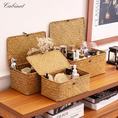 Nonam Storage Basket Set - Natural Seagrass Bins with Lids for Boho Home Organization | Set of 3 Rectangular Baskets