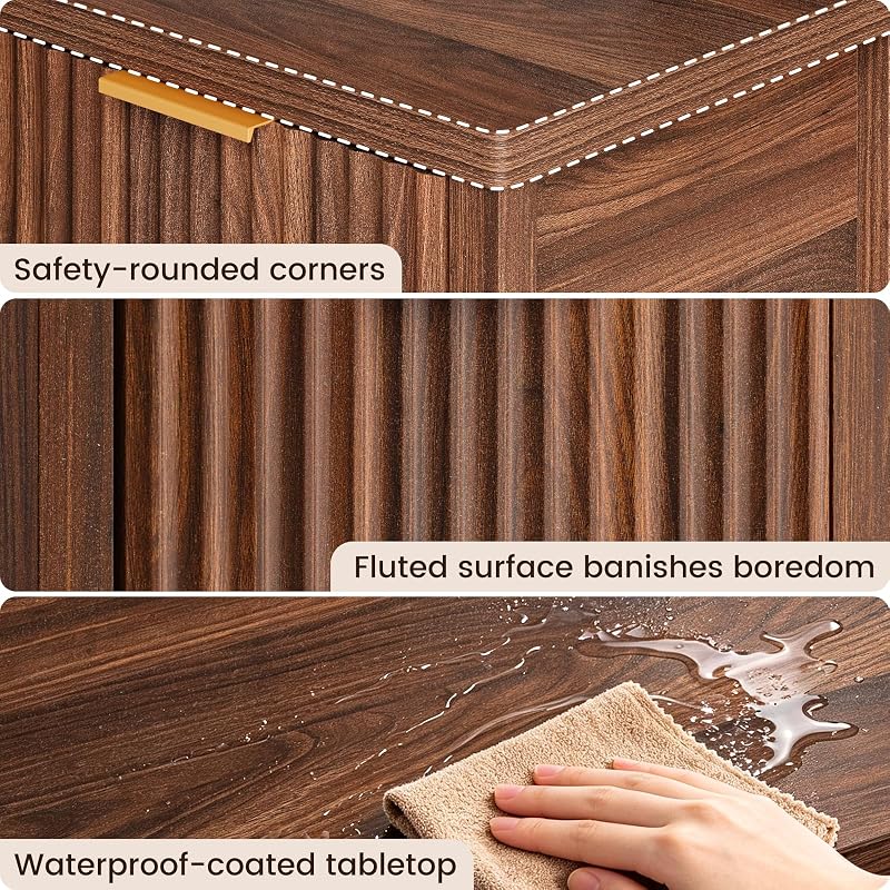 Walnut Fluted Nightstand Set 2 with Storage Drawer, 2 USB & 2 AC Outlets