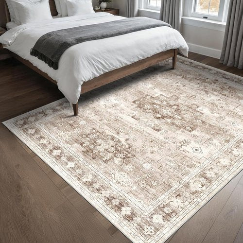 Hazo Haus Washable Area Rug - Neutral Farmhouse Design | Stain Resistant, Non-Slip, 5x7 Beige/Latte