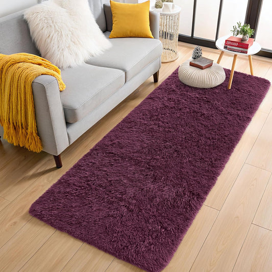 OLANLY 2x6 Machine Washable Runner Rug - Soft Fluffy Shaggy Carpet for Bedroom & Hallway | Burgundy