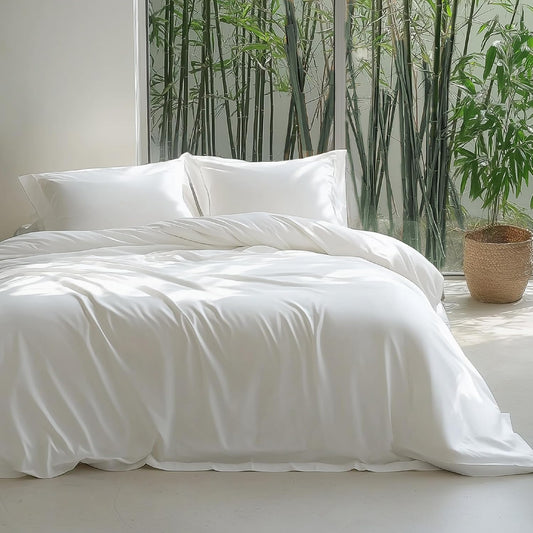 Bedsure Bamboo Duvet Cover Set - Lightweight & Silky Queen Size Comforter Cover for Hot Sleepers | Pure White