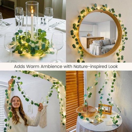 Eucalyptus Garland with 40 LED Fairy Lights - Lighted Greenery Vine with Remote & Timer, IP44 for Home Decor