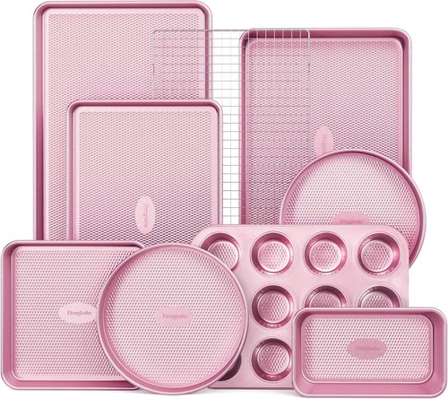 HONGBAKE 9-Piece Nonstick Baking Pans Set - Stackable, Non-Toxic Bakeware with Diamond Texture | Pink