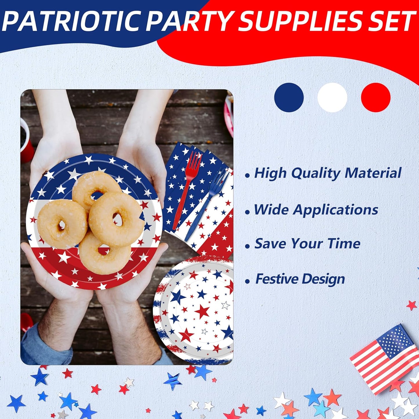 Regine Switzerland Patriotic Party Supplies Set - 100 Pcs Disposable Red, White, and Blue Tableware for 25 Guests | Perfect for 4th of July, Memorial Day, and Labor Day Celebrations
