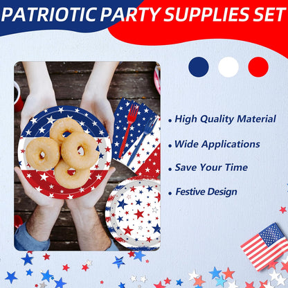 Regine Switzerland Patriotic Party Supplies Set - 100 Pcs Disposable Red, White, and Blue Tableware for 25 Guests | Perfect for 4th of July, Memorial Day, and Labor Day Celebrations