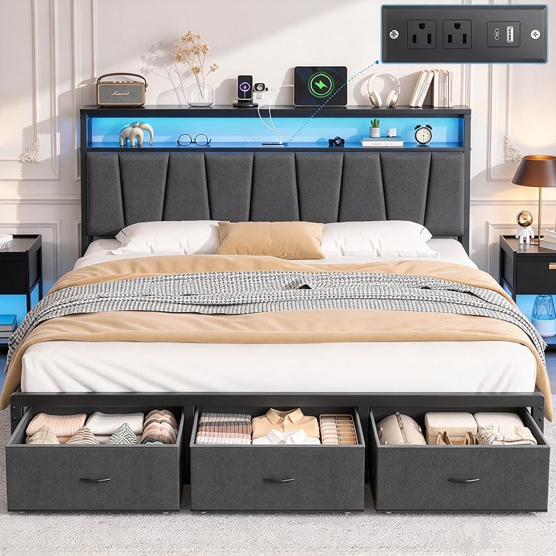 FreeHouse King Size Bed Frame with Storage Drawers, Grey Engineered Wood