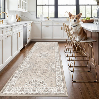 Skiennix Washable 3x8 Kitchen Runner Rug - Stain Resistant Low-Pile Vintage Soft Mat | Beige
