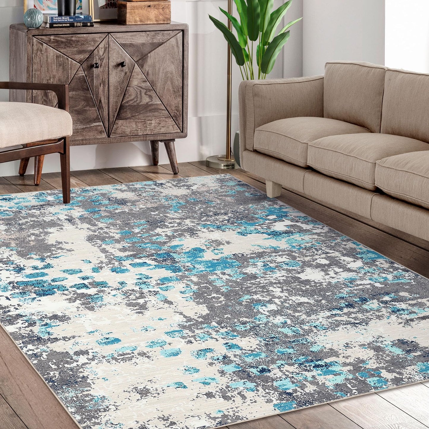 RUGSREAL Large Rug 8x10 Machine Washable Area Rug Non Slip Accent Rug Boho Chic Abstract Watercolor Design Rug Ultra-Thin Carpet Throw Rug for Bedroom Living Room, Blue/Grey