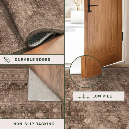 Skiennix Brown Washable Runner Rug - Non-Slip Rubber Backing | 2'6"x8' for Hallways & Entryways