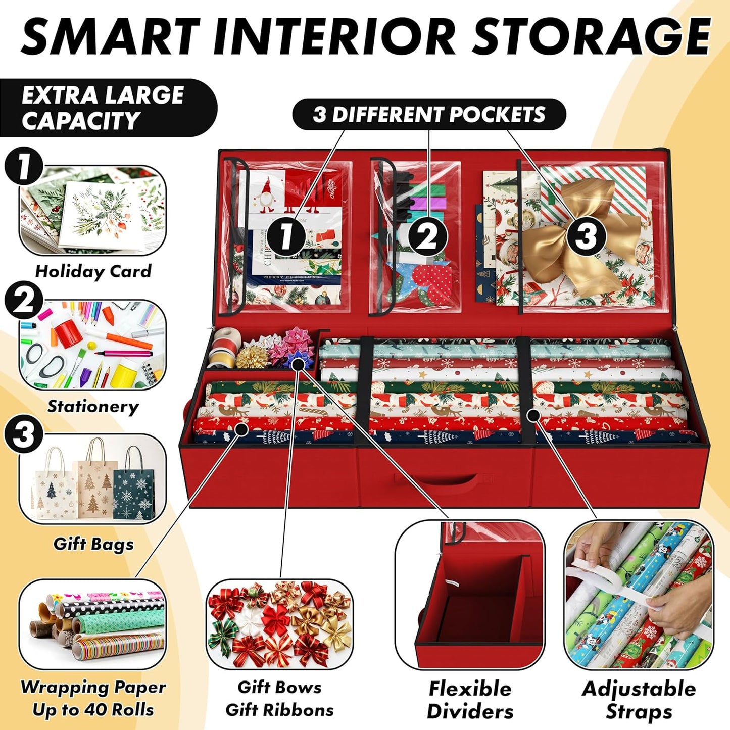 Simple Houseware Wrapping Paper Storage Organizer - Holds 40 Rolls with Adjustable Straps & Clear Pockets, 41.5''L x 16''W, Red