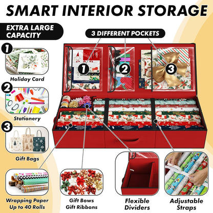 Simple Houseware Wrapping Paper Storage Organizer - Holds 40 Rolls with Adjustable Straps & Clear Pockets, 41.5''L x 16''W, Red