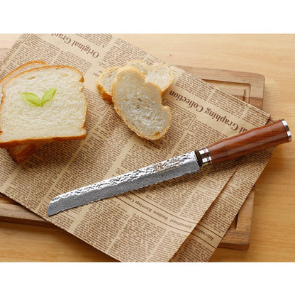 Sunlong Bread Knife 8 inch Sandwich Slicer Japanese Hammered Damascus Natural Bloodwood Handle