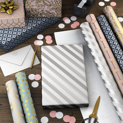 Hallmark Wrapping Paper - 6 Rolls of Elegant White & Silver Stripes, Mint Green, Gold Hearts & Flowers | 180 Sq. Ft. Total for Special Occasions