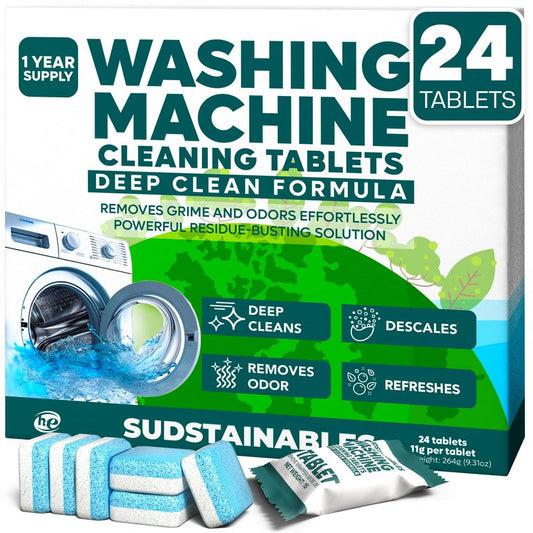Sudstainables Washing Machine Cleaner Tablets (24-Pack) – Deep Clean Odor & Residue Remover for Front & Top Load Washers, HE & Septic Safe Washing Machine Tub Cleaner for Long-Lasting Freshness