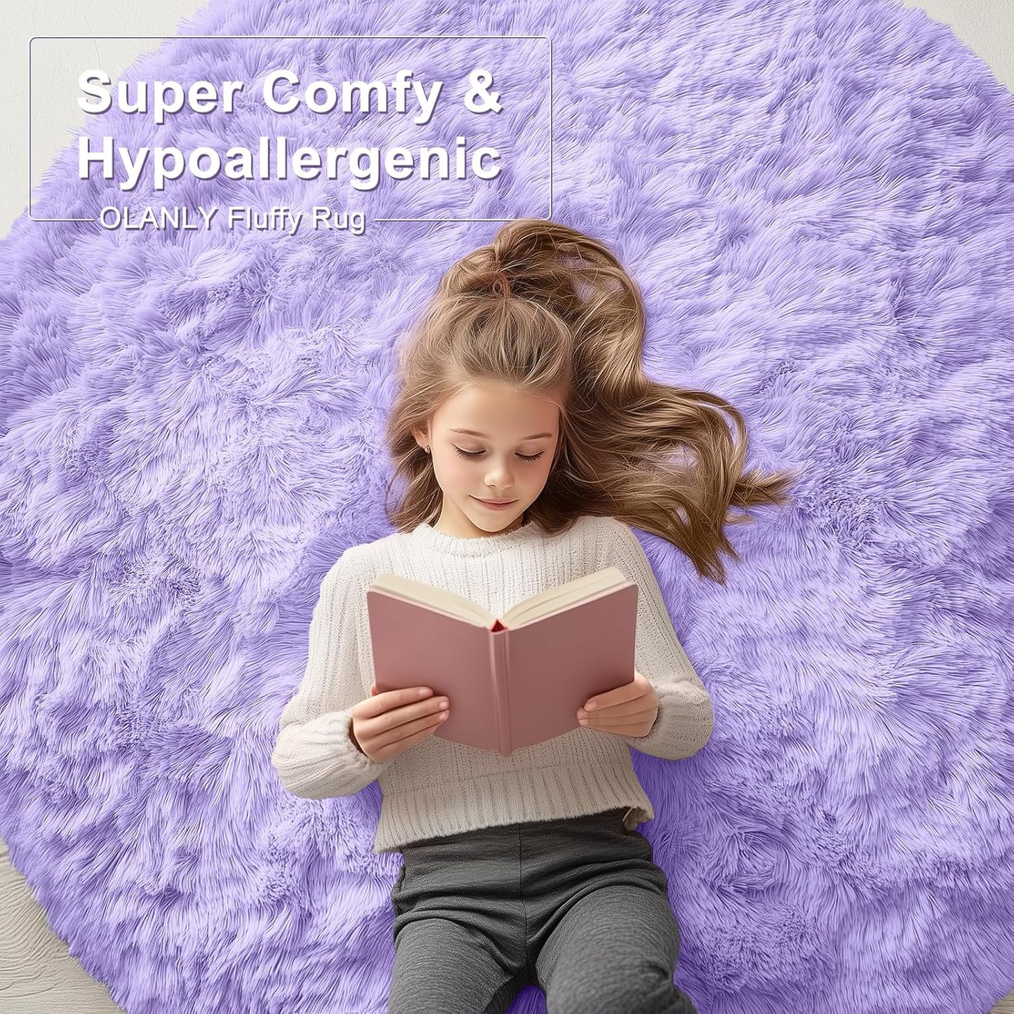 OLANLY Round Light Purple Area Rug - Soft, Fluffy, Machine Washable 9 ft Carpet for Bedrooms & Nurseries