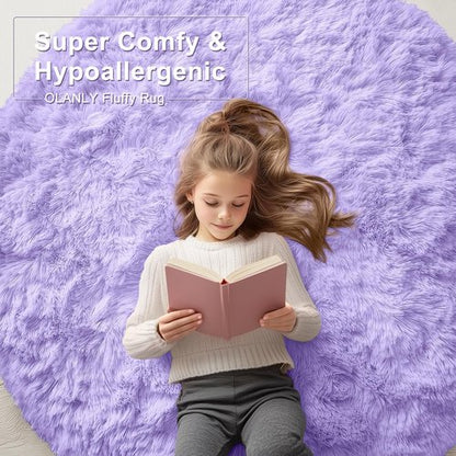 OLANLY Light Purple Round Rugs for Bedroom - Machine Washable, 3 ft Circle Area Rugs for Living Room, Soft and Fluffy Shaggy Carpet for Teen Girls and Boys, Nursery Rooms, Dorms, Home Decor Aesthetic