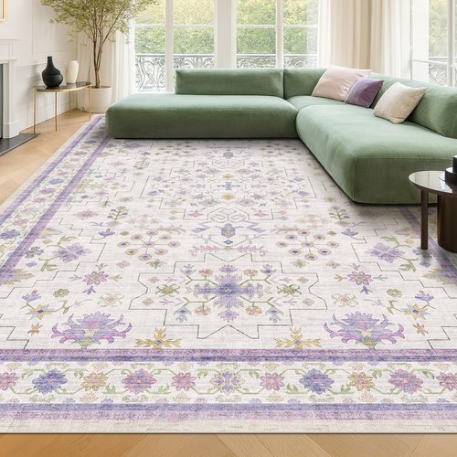 8x10 Large Lavender Rug for Bedroom, Floral Area Rug for Living Room, Dinning Room Under Table, Cute Fantasy Décor, Non Slip Low Pile Stain Resistant Washable Foldable Carpet