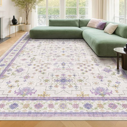 8x10 Large Lavender Rug for Bedroom, Floral Area Rug for Living Room, Dinning Room Under Table, Cute Fantasy Décor, Non Slip Low Pile Stain Resistant Washable Foldable Carpet
