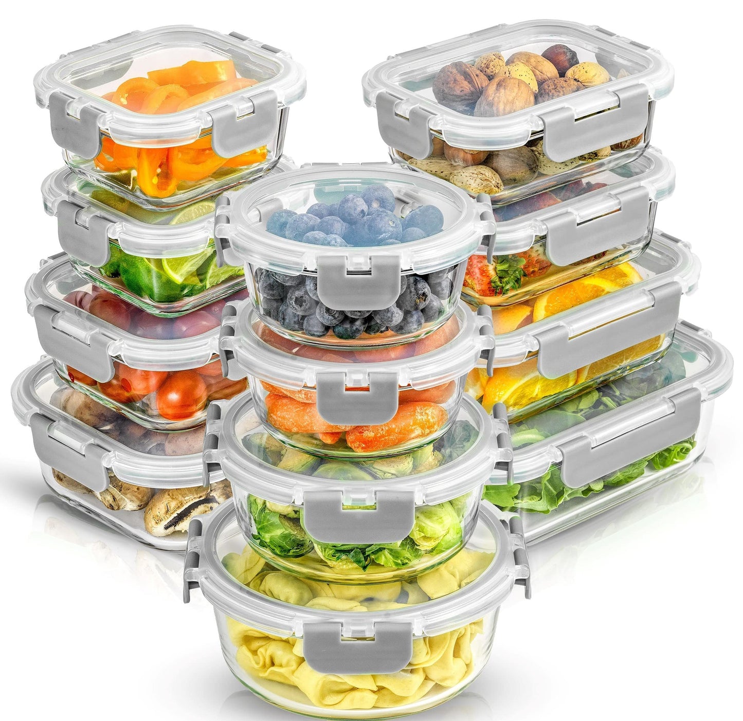 JoyJolt JoyFul 24pc Borosilicate Glass Storage Containers with Lids. 12 Airtight, Freezer Safe Food Storage Containers, Pantry Kitchen Storage Containers, Glass Meal Prep Container for Lunch