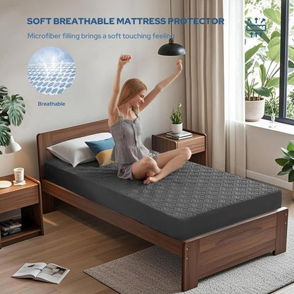 BEDLORE Waterproof Mattress Protector - Twin Size Deep Pocket Pad for 6"-15" Depth | Soft, Breathable Gray Cover