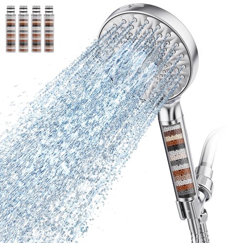 SR SUN RISE Filtered Shower Head with Handheld High Pressure 9 Spray Mode Showerhead Detachable Shower Head Water Softener Filters Beads for Hard Water Remove Chlorine 4 Filters Chrome