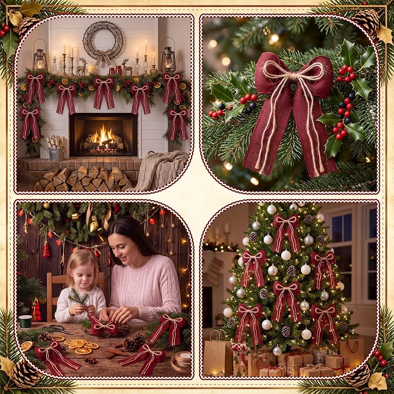 12 Pcs Burgundy Burlap Xmas Bows 5x7 in - Rustic Christmas Tree Decor