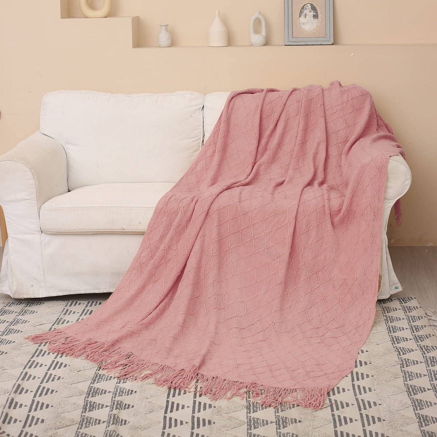 Catalonia Classic Knitted Throw Blanket with Tassel, Soft Cozy Fringe Throw for Couch Bed Sofa, Lightweight Decorative ModernTextured Blanket for All-Season, Pink,60"x80"