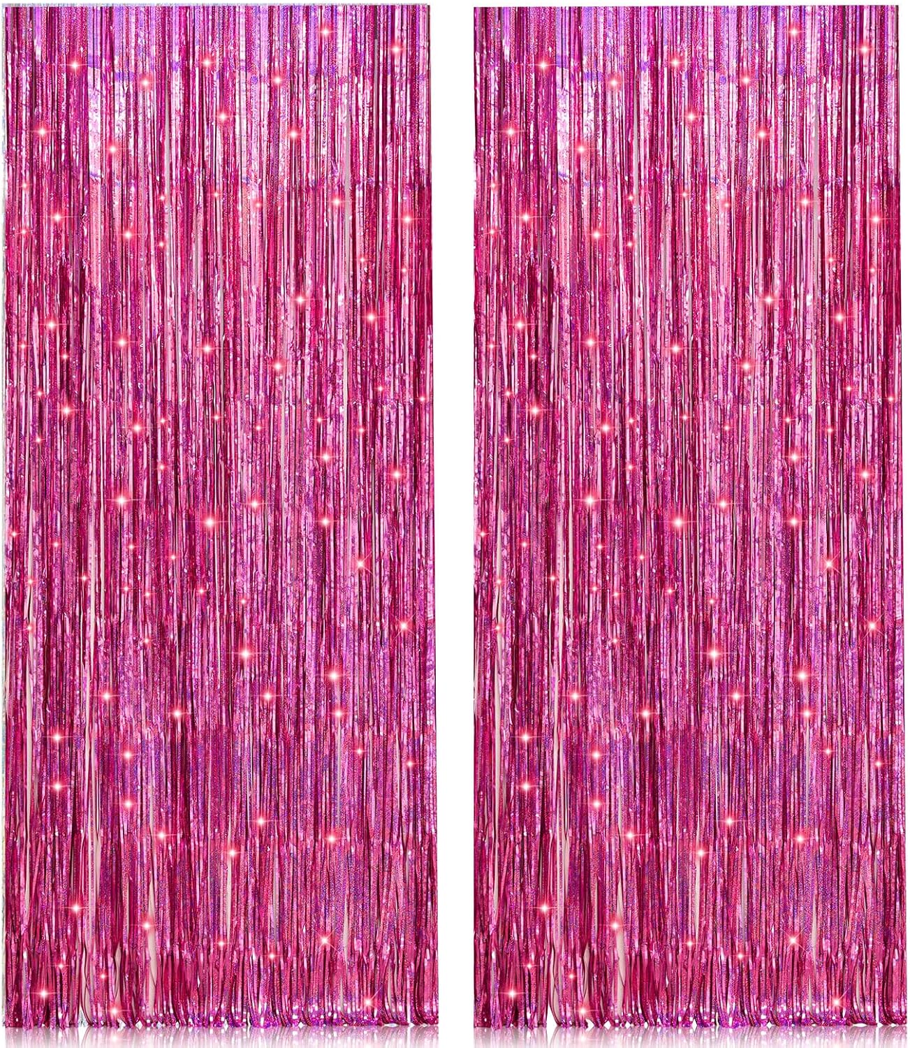 Skiennix Pink Metallic Tinsel Foil Fringe Curtains - 2 Pack 3.2ft x 8.2ft Backdrop for Parties & Events
