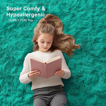 OLANLY 5x7 Soft Fluffy Shag Area Rug - Machine Washable Indoor Carpet for Living Room & Bedroom | Teal Green
