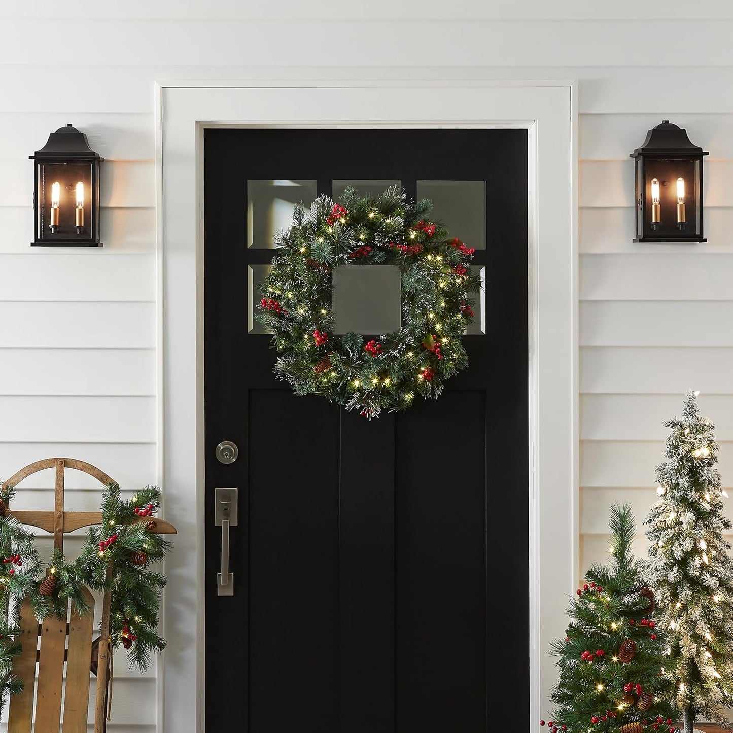 National Tree Company 24-Inch Pre-Lit Wintry Pine Flocked Christmas Wreath | LED Lights, Pinecones & Berries