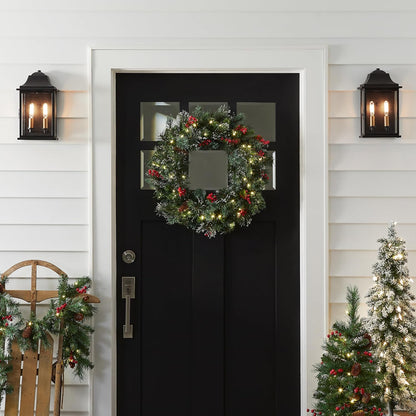 National Tree Company 24-Inch Pre-Lit Wintry Pine Flocked Christmas Wreath | LED Lights, Pinecones & Berries