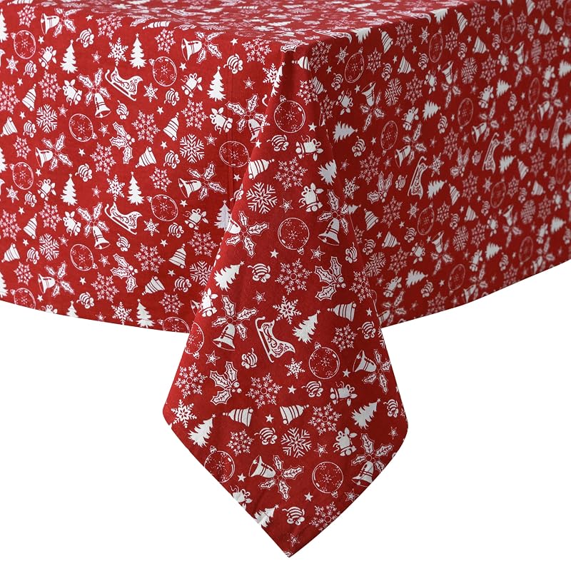 Red 52 x 70 Inch Cotton Blend Tablecloth with Bell & Snowflake Pattern - Holiday Decor