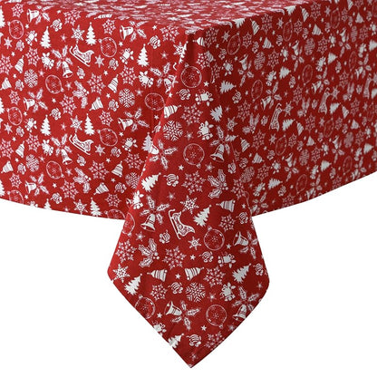 Red 52 x 70 Inch Cotton Blend Tablecloth with Bell & Snowflake Pattern - Holiday Decor