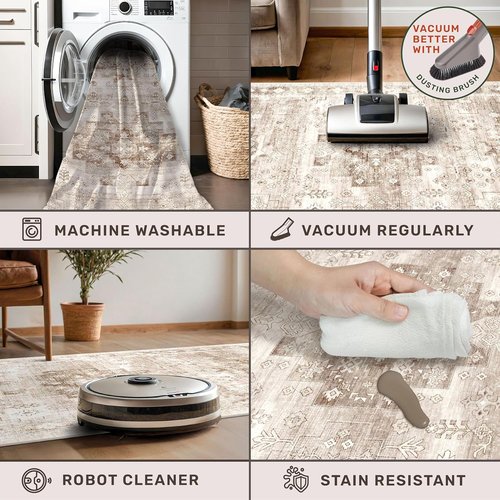 Hazo Haus Washable Area Rug - Neutral Farmhouse Design | Stain Resistant, Non-Slip, 5x7 Beige/Latte