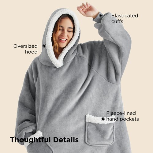 Bedsure Blanket Hoodie, Wearable Blanket Hoodie as Gifts for Mom, Birthday Gifts for Women Kids Teens Mother's Day Sherpa Sweatshirt, Grey, Standard